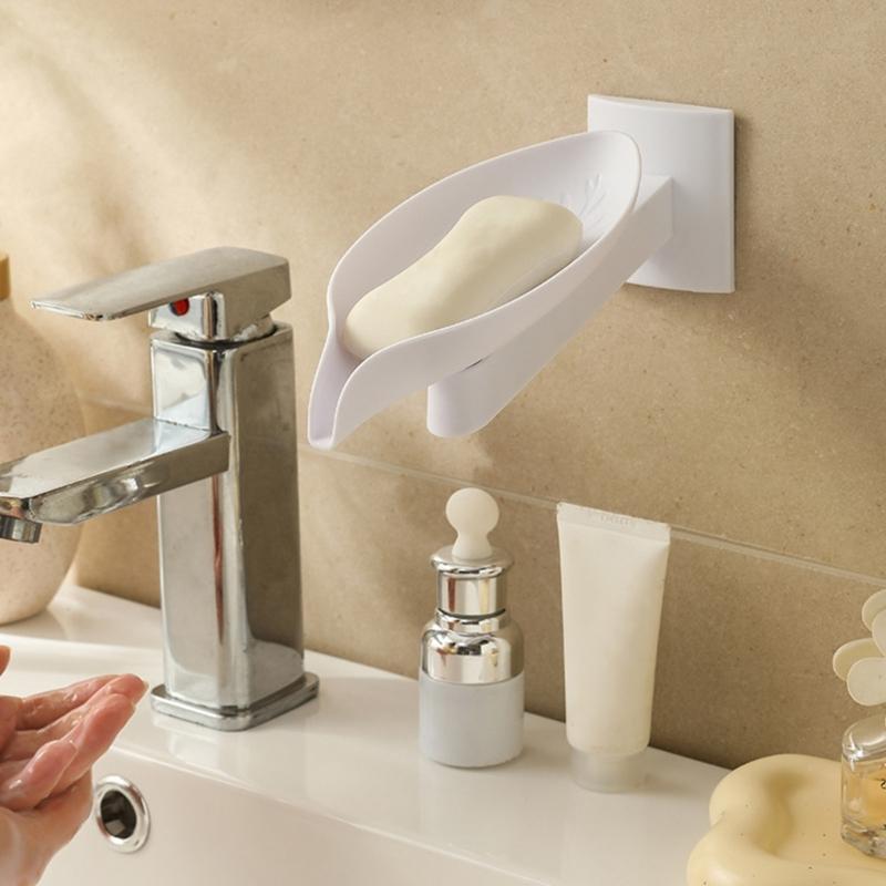 Soap Organizers Leaf Shape Plastic Soap Holder Tray with Adjustable Design and Auto Draining for Sink Countertop