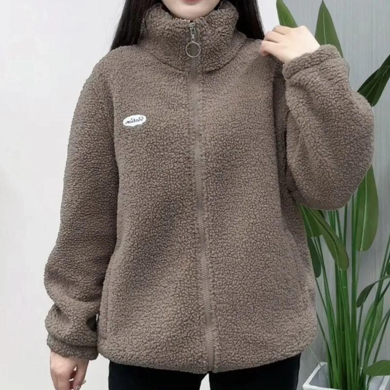 Dames Dikke Fleece Standkraag Jas Meerkleurig Warm Casual Herfst Winter Gezellige Buitenjas