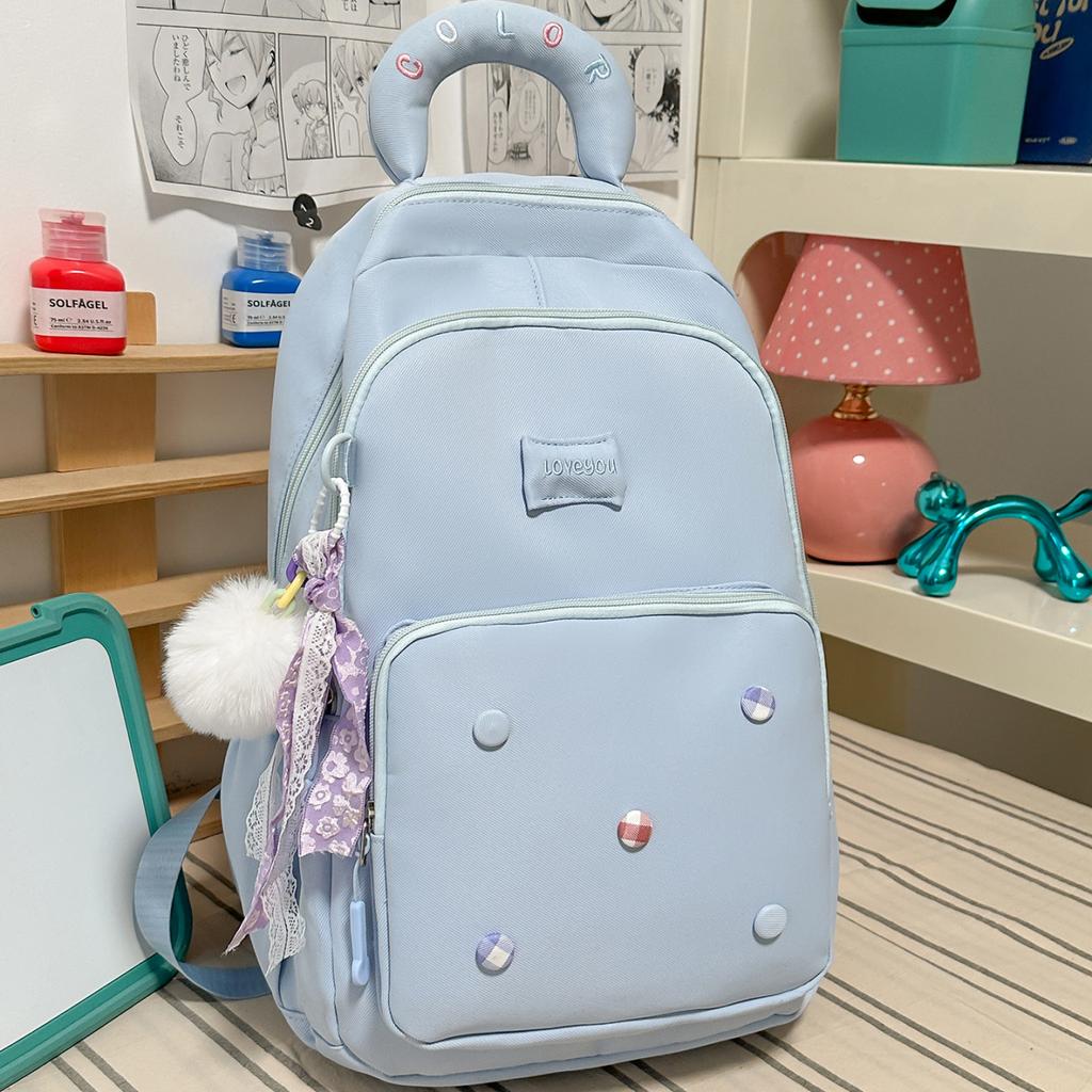 Schoolbag Macaron Color Button Backpack Female, Korean ins Girl Large Capacity School Bag, Junior High School Student