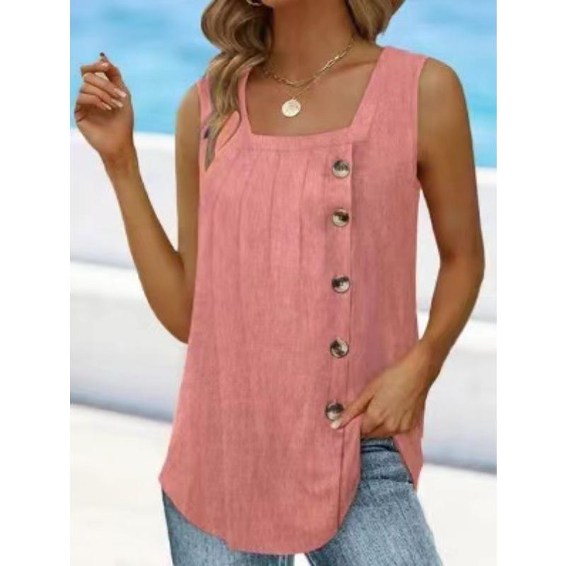 Sleeveless Buttons Pleated Women Blouse Loose Vest Summer Casual Fashion Square Collar Ladies Tank Tops Solid Color Shirts Basic Clothing