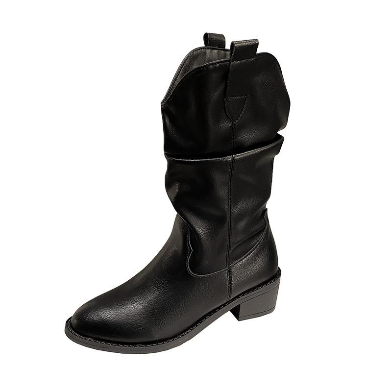 

Korean version of pointed thick heel v mouth thin pleated pile trendy women s 2025 spring and autumn large size western cowboy knight boots 42 чорний