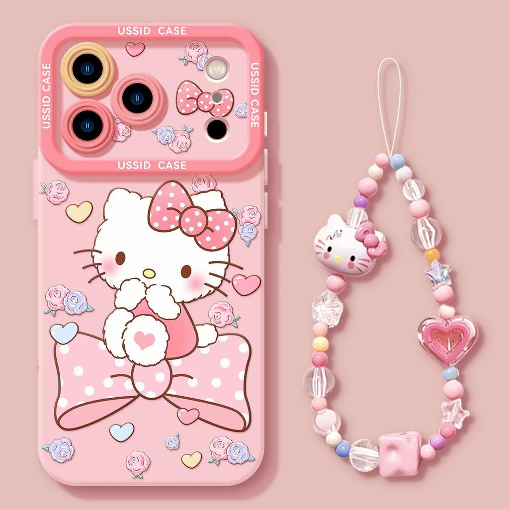 Mobile Phone Case with Lanyard, Suitable for Iphone17 Powder Knot Cat 16promax Silicone 15 Cartoon 14 Apple 13 Women's Cover