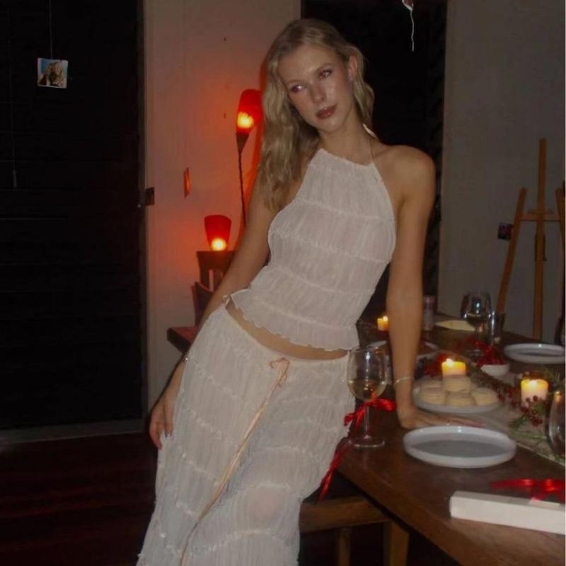 Set gonna lunga estiva con gilet in pizzo pieghettato e collo appeso senza schienale