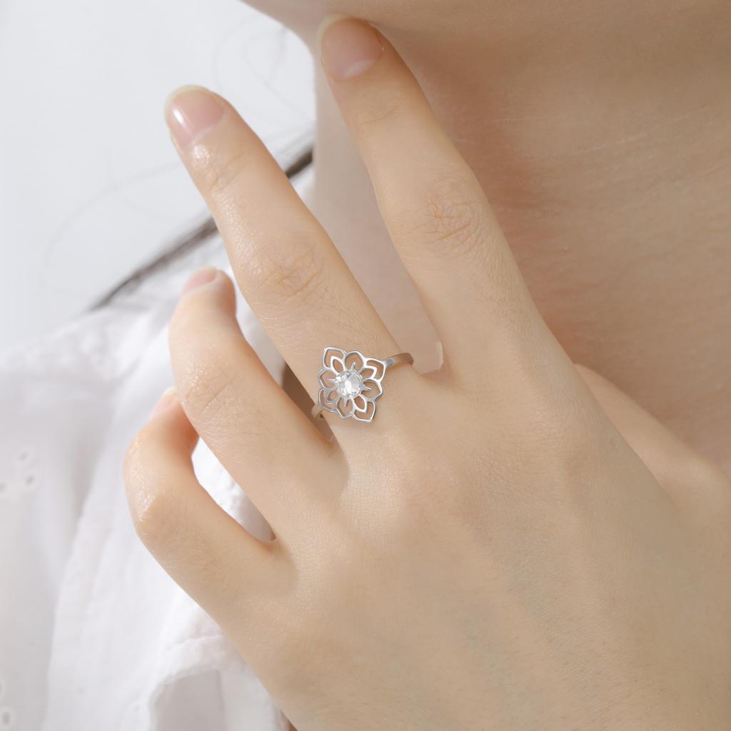 Fashion Hollow Lotus Ring with Transparent Rhinestone Flower of Life Stainless Steel Women's Ring Couple Ring Jewelry Gift