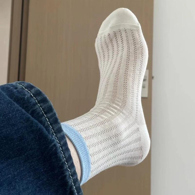 Damskie letnie cienkie skarpetki tubowe z czystej bawełny w jednolitym kolorze, z ażurowej siateczki, oddychające