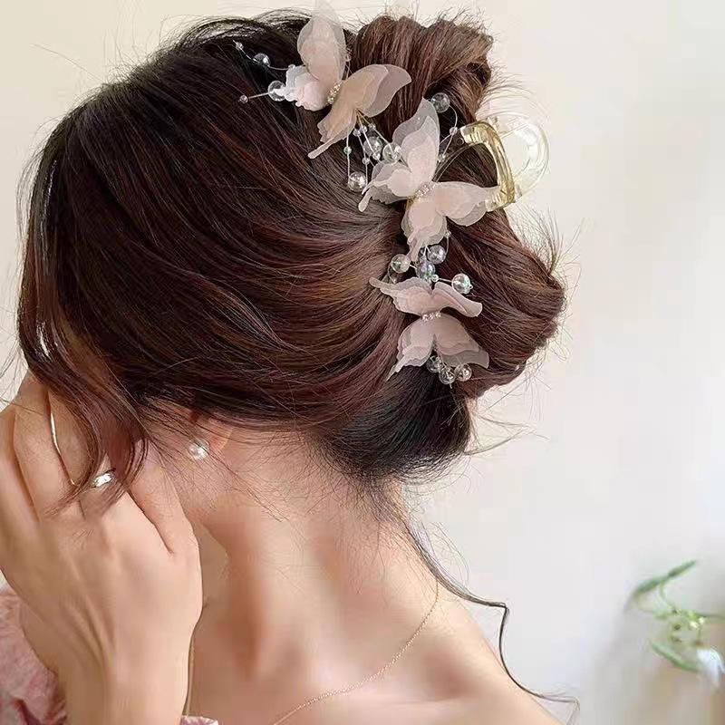 1PC  Sheer Butterfly Claw Clip Pearl Rhinestone Hair Grabber | Elegant Romantic Hair Accessory