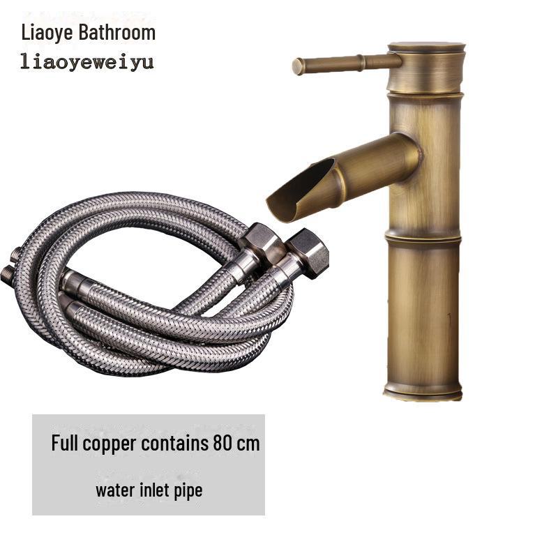 Baterie de baie europeană antică din cupru cu bambus – Baterie pentru lavoar cu apă caldă/rece pentru chiuvete deasupra blatului