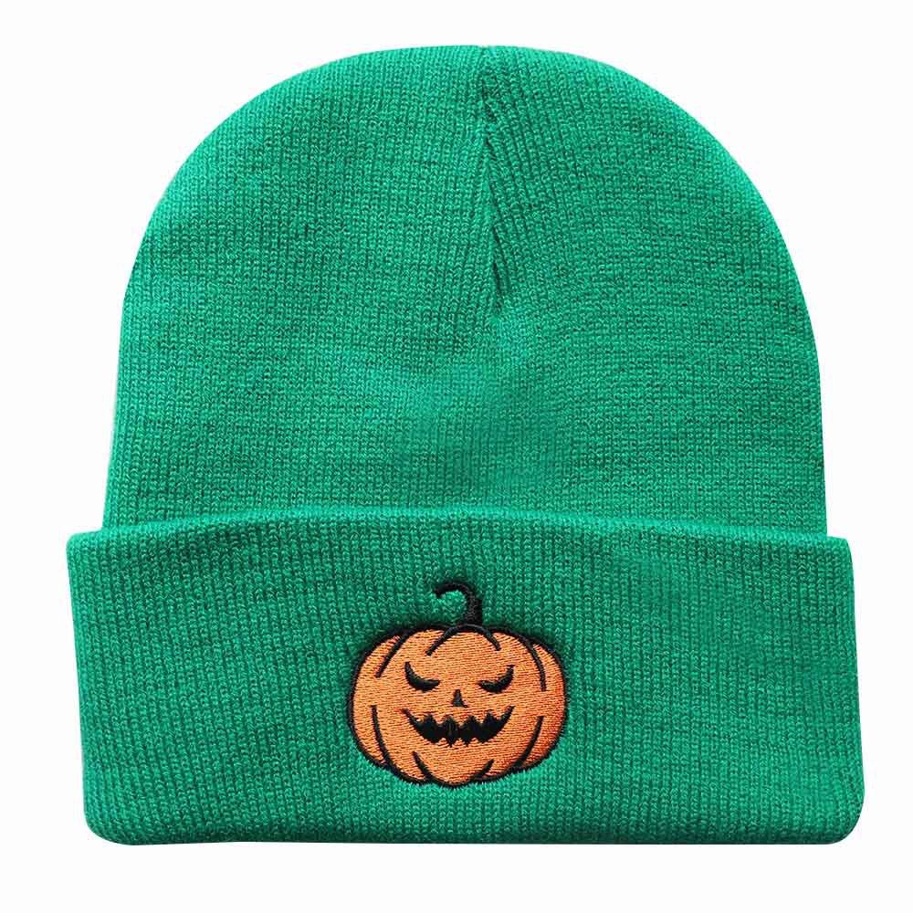 

New autumn and winter Halloween pumpkin little devil embroidered knitted hat for men and women, warm beanie hat for students Adjustable зелений