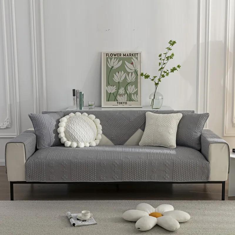 Pure Cotton Universal for All Seasons Sofa Cover Anti-slip Backside Cushion  Living Room Solid Color Stitch Fabric Art Couch Mat