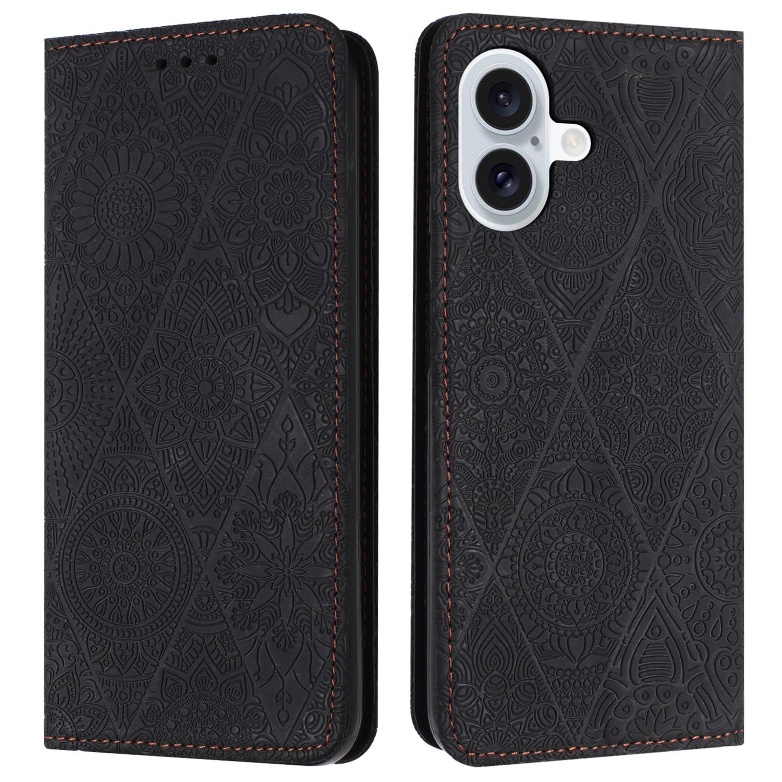 

For iPhone 17 Case Imprinted Flower Wallet Stand Leather Phone Cover Black
