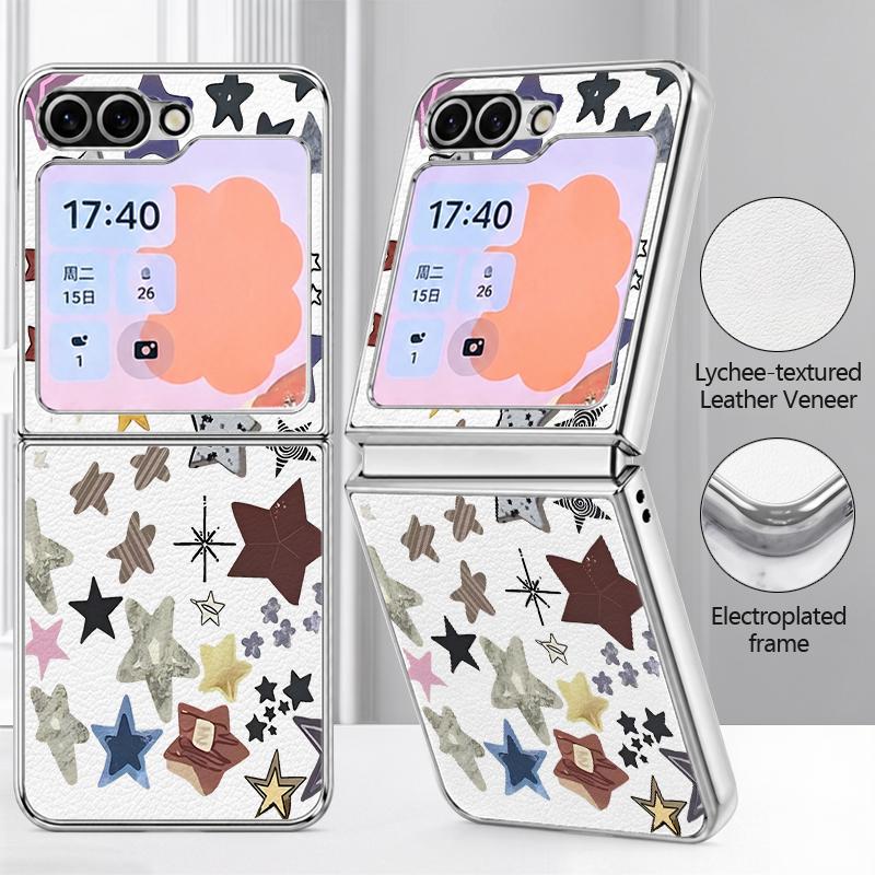 Colorful Stars Print Phone Case For Samsung Galaxy Z FlIP 7 FE 6 5 Z Flip7 Flip6 Flip5 Luxury Plating PC+PU Leather Hybrid Folding Phone Cover