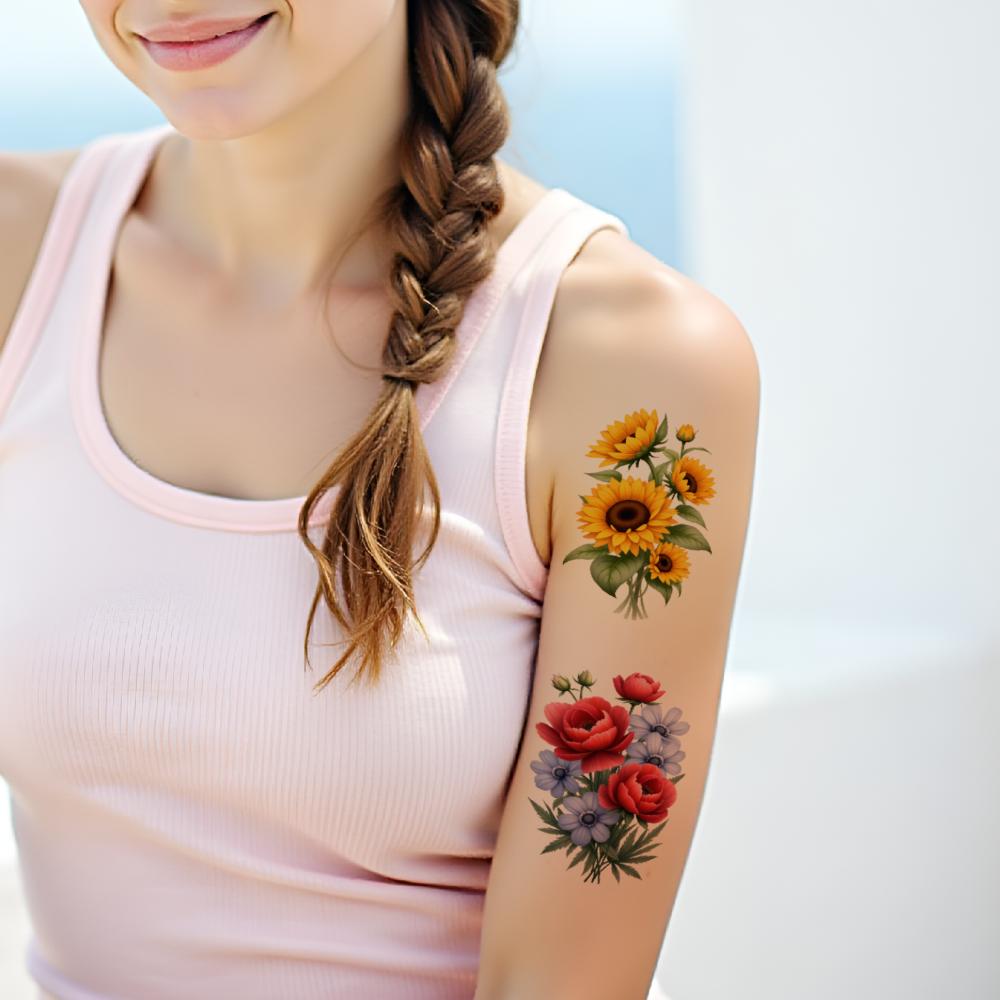 9pcs Temporary Tattoo Flower Bouquets Illustration Floral Arrangements Waterproof Long-lasting Body Stickers For Children