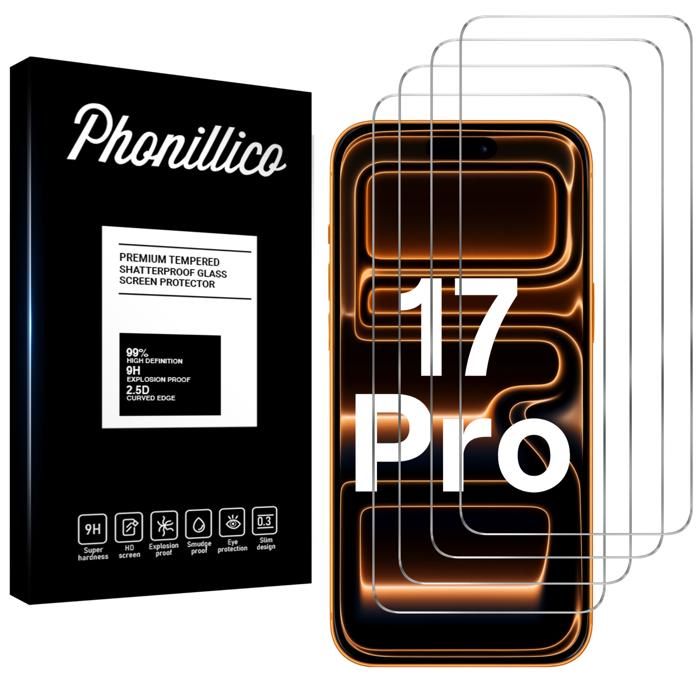 Verre Trempé - PHONILLICO - iPhone 17 PRO - Pack de 4 - Très Résistant aux rayures - Transparent
