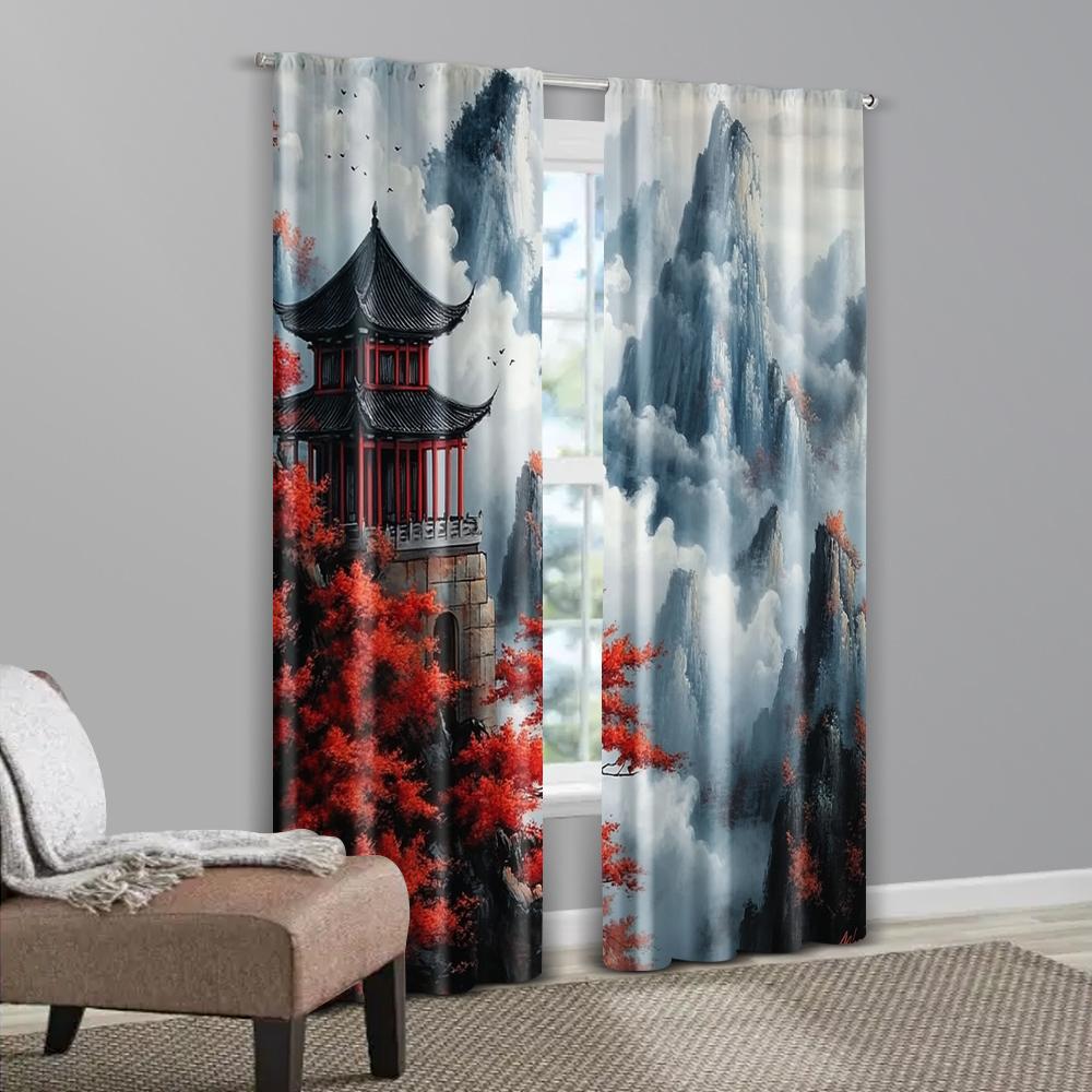 2pcs   Window Curtain  print Glam Style Japanese Landscape Printed 100% Polyester (without rod) Art Deco Festive for Living
