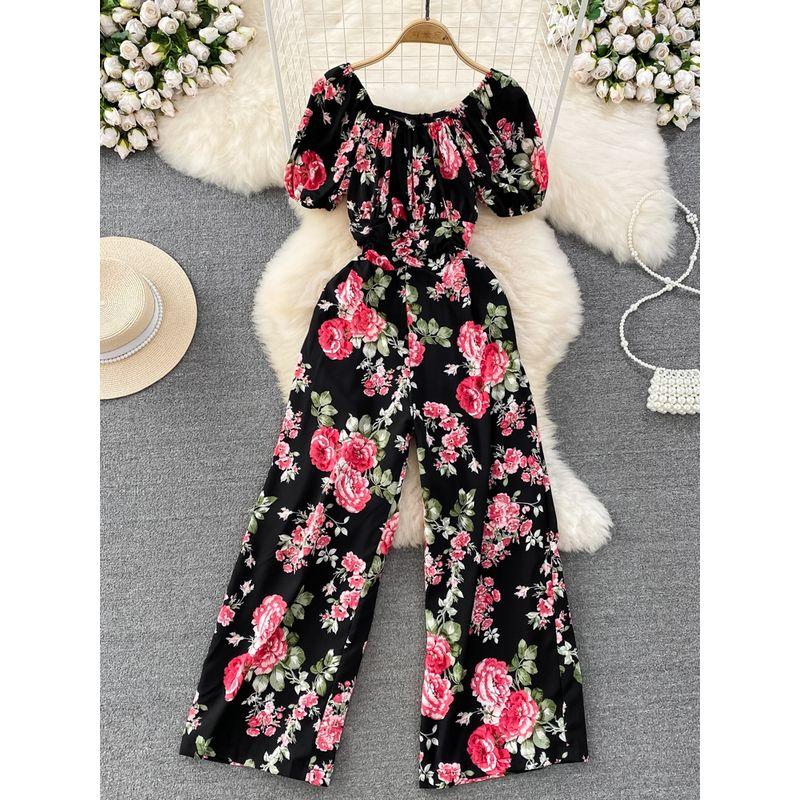 Seaside Holiday Ruched Square Collar High Waist Casual Short Sleeve