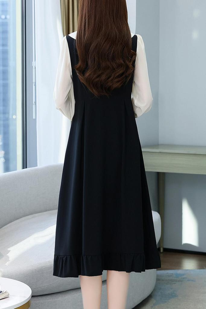 Chubikime Long Sleeve Dress with and Design for a and Feminine Look Women's Midi-Length Flare, Collar, A-Line Slimming, Stylish,