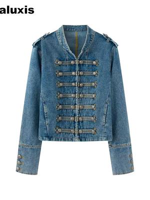 Arbeitskleidung Kurze Jacke Damen Trendig Frühling/Herbst Neuer Stil Slim Fit Stehkragen Langarm Denim Mantel Oberteil