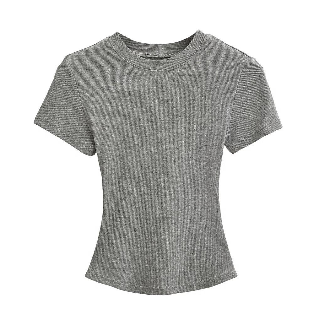 Trendy Women's Ribbed Slim Fit Short Sleeve T-Shirt with Sexy Round Neck and Straight Shoulders.