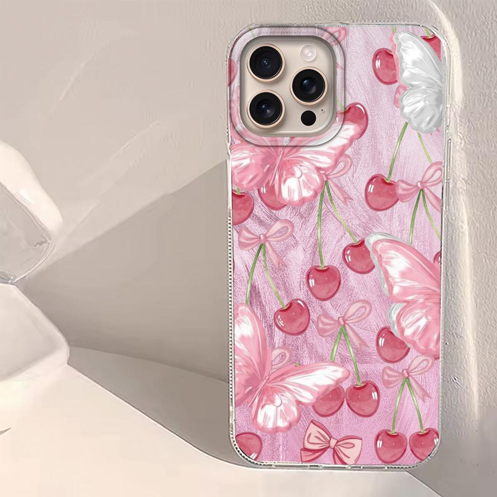 Pink Fruit Cherry Butterfly Feather Texture Phone Case for iphone 16 15 14 7 8 Plus 13 Pro Max X XS XR SE 2022 Silicone Cover
