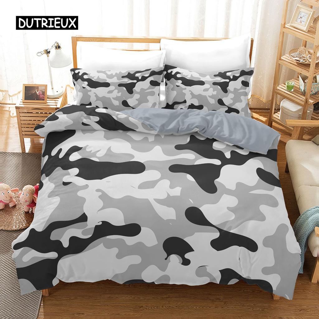 Camo Duvet Cover Set Camouflage Concept Concealment Bedding Set King Size Grey Black Twin Comforter Cover for Kids Teens Adults