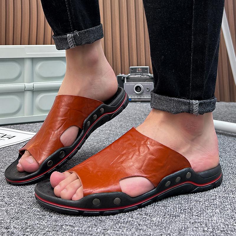 Men's Flat Slippers Extra Wide Slide Slippers Outdoor Beach Open Toe Casual Soft Walking Leather Sandals  Big Size