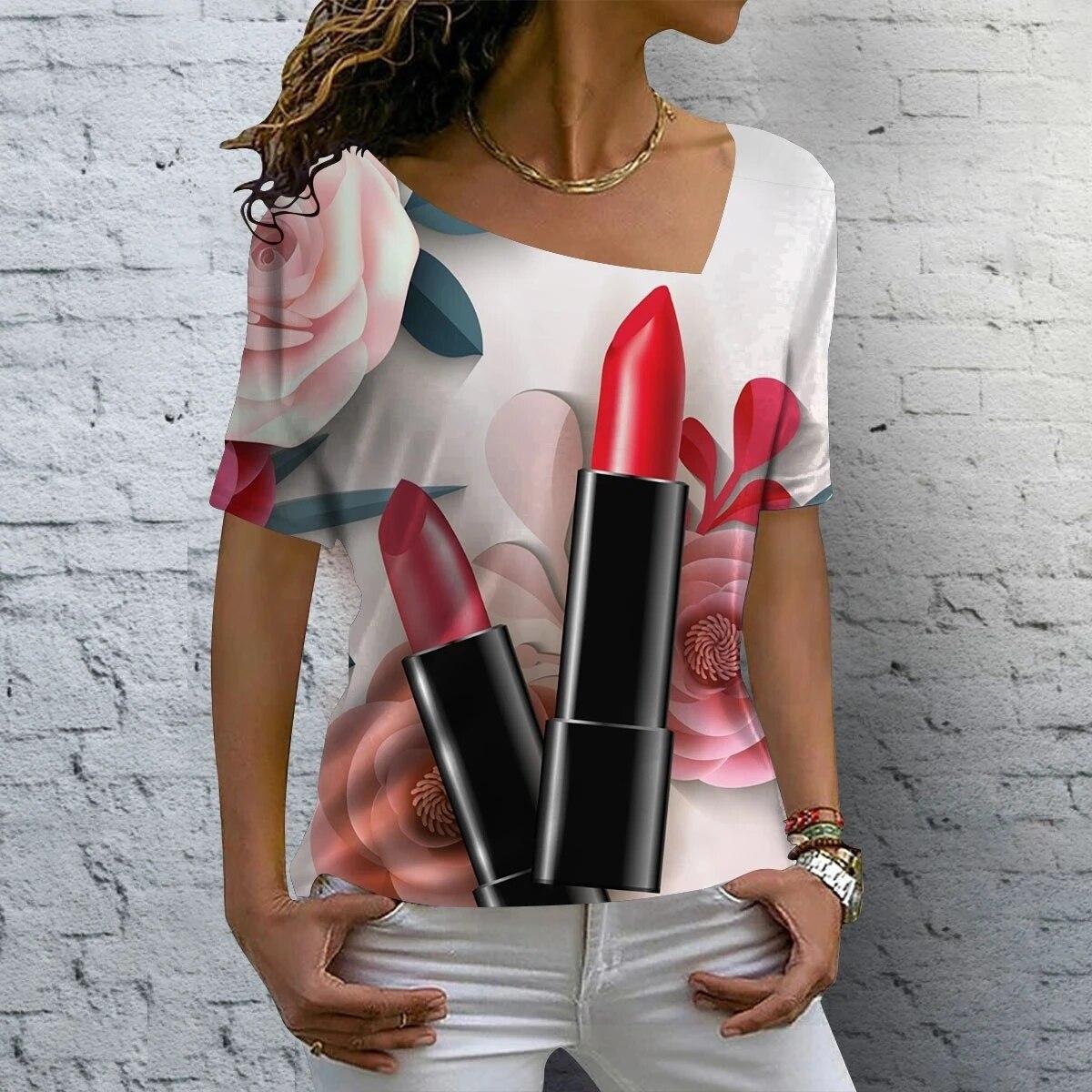 

Мода Мила помада Цифровий принт Жіноча футболка Діагональний виріз Білий короткий рукав Жіночий одяг Дозвілля Літні топи Пуловер XXL