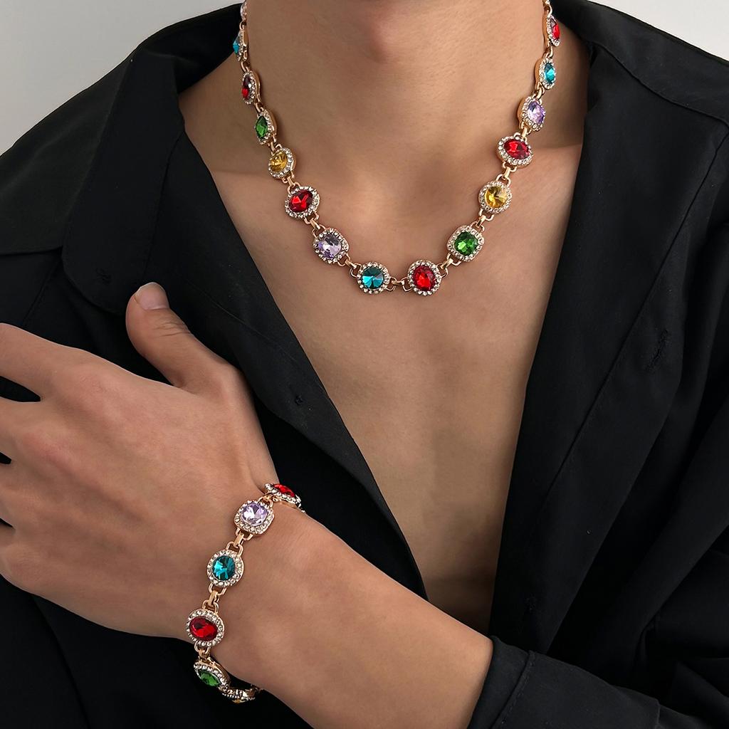Salircon Colorful Rhinestone Chain Choker Necklace Men  Luxury Trendy Simple Clavicle Chain Necklace Bracelet Party Jewelry