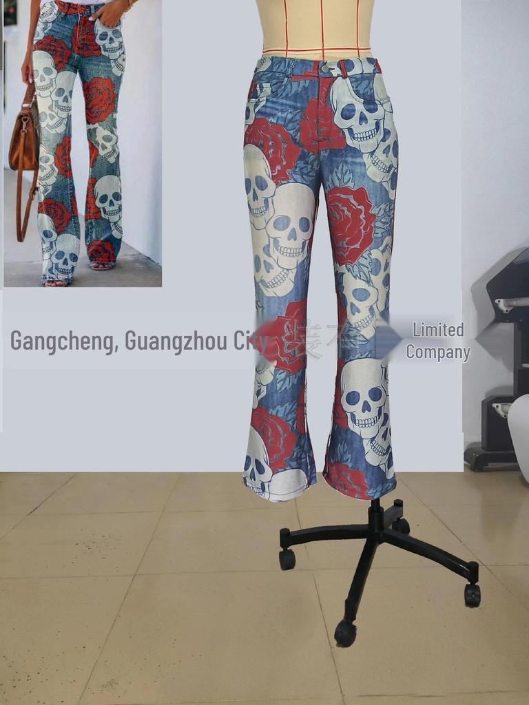 2023 Plus Size European & American Butterfly Faux Denim Micro-flare Pants