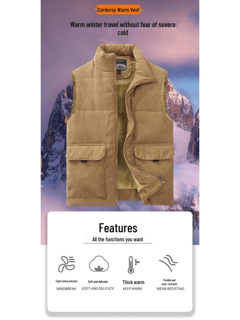 Men's Corduroy Fleece-Lined Multi-Pocket Cotton Vest - Casual, Sleeveless, Outdoor, Cold-Proof.