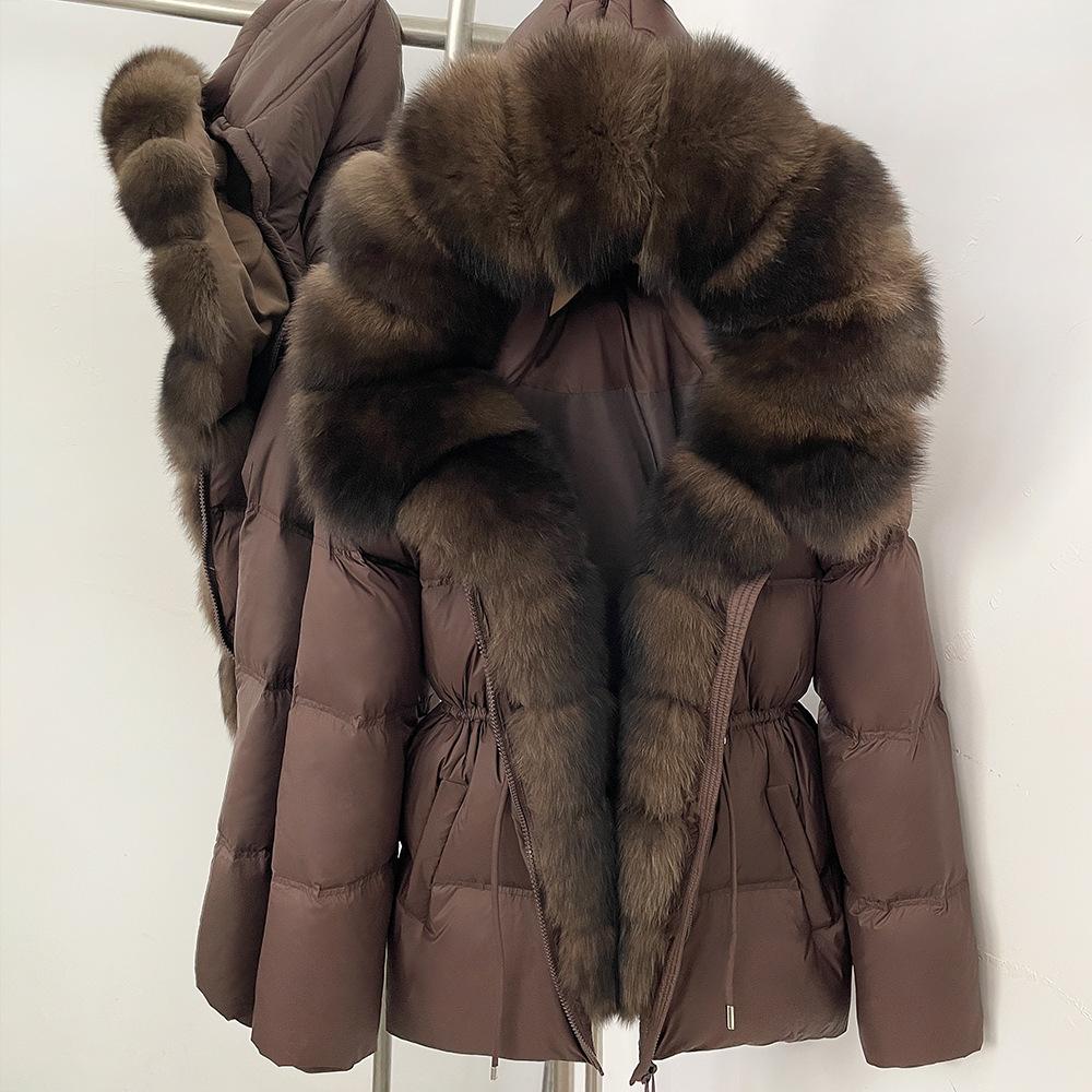 Women's winter winter new waist high-end fur thickened warm removable real fox fur collar hooded down jacket