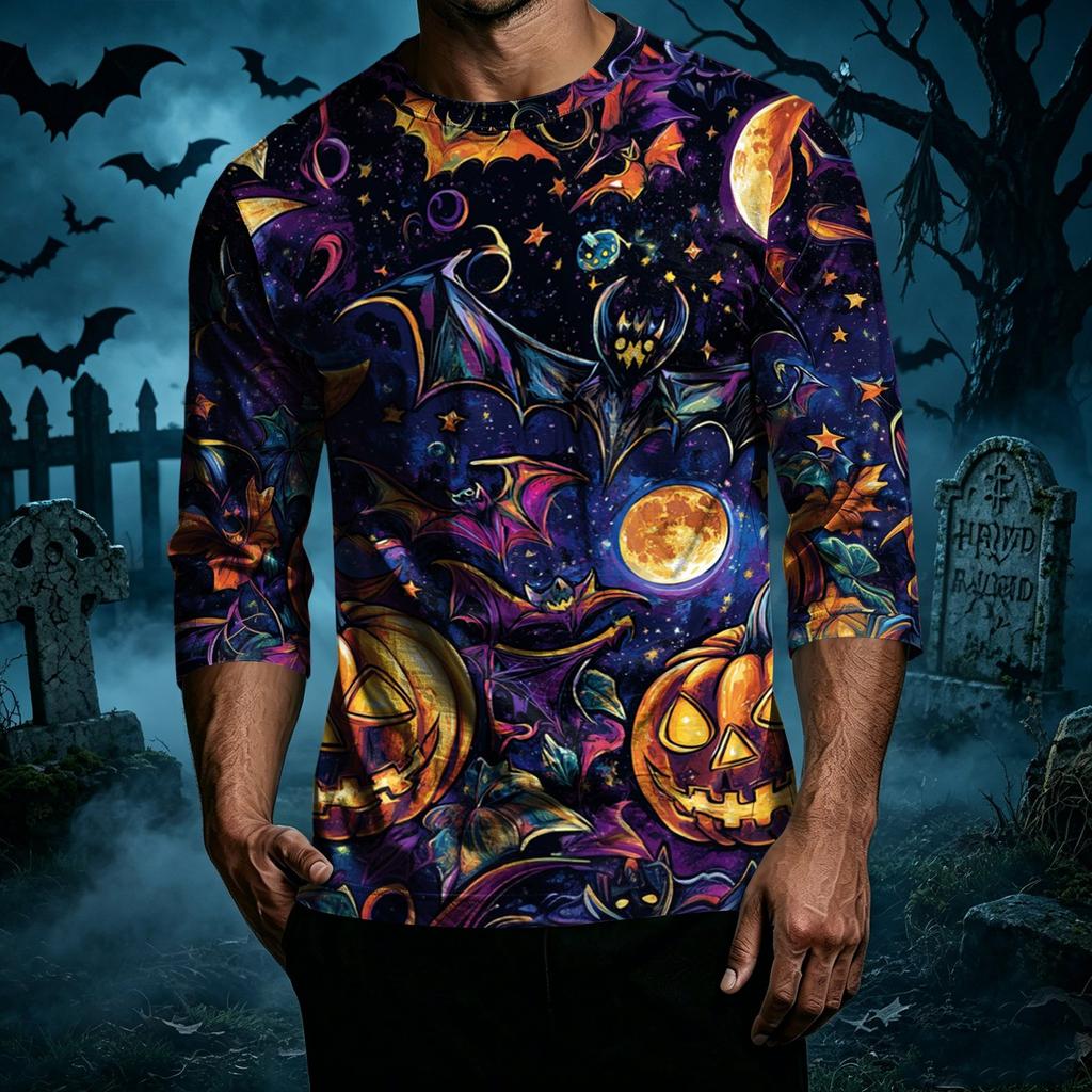 Men's Casual Halloween Print Crew Neck T-Shirt Three Quarter Sleeve Relaxed Fit Lightweight Top for Everyday Wear