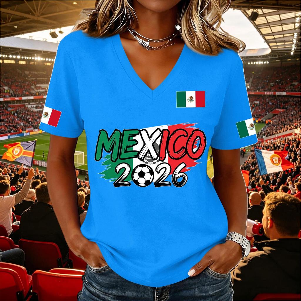 Women's Casual V Neck Pullover Short Sleeve Top Soccer National Flag Print Support Shirt Mexico 2026 Design Lightweight Comfortable Fit