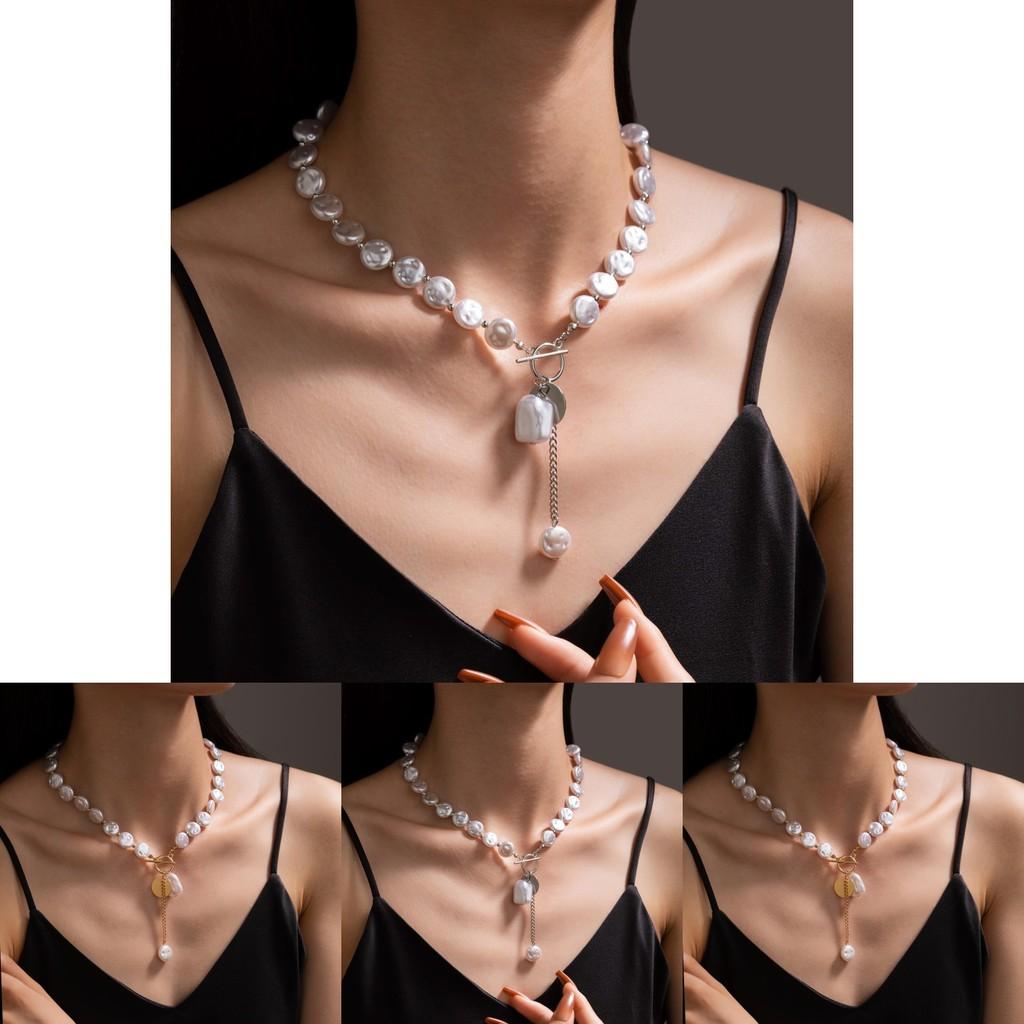 Stylish Geometric Design Layered Baroque Imitation Flat Pearl Necklace For Modern Women