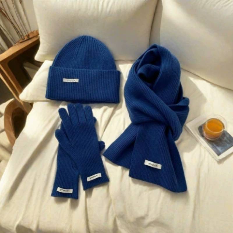 Baumwollstrick Wintermütze Schal Handschuhe Set Für Damen Mit Strukturmuster