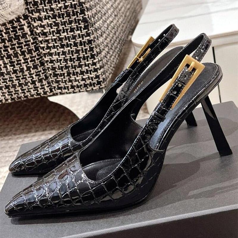Fashion Patent Leather Pattern Thin High Heels Women Sexy Pointed Toe Metal Buckles Slingback Heeled Sandals Elegant Banquet Dress Shoes