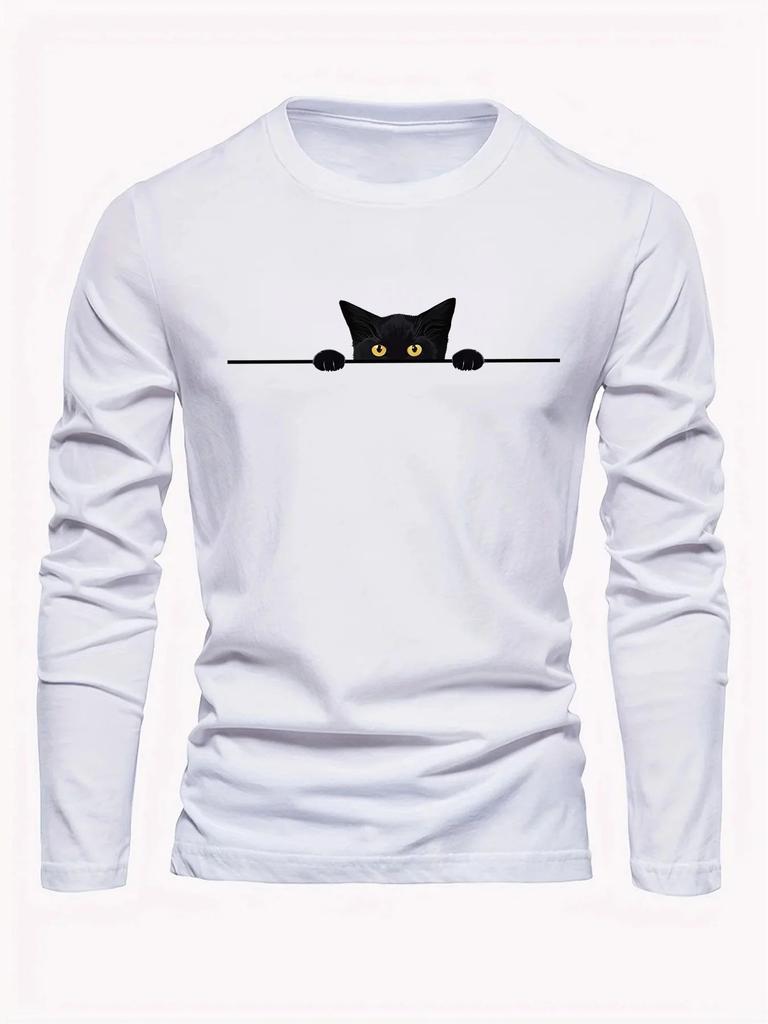 Men's Long-sleeved T-shirt for Spring and Autumn Featuring Street Fashion and Comfort with 3D Kitten Pattern Printing