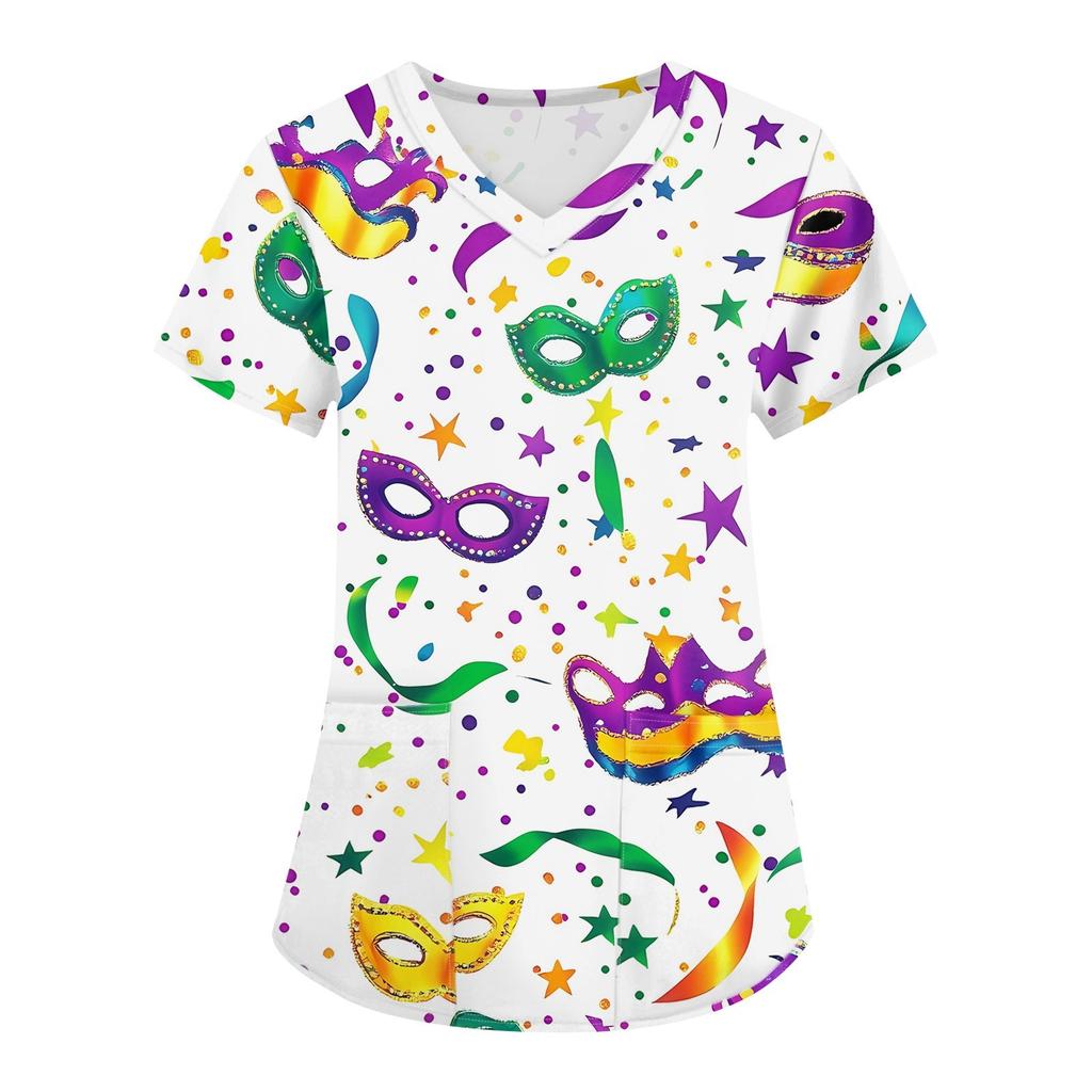 Women's Fashion V-neck Short Sleeve Workwear With Pockets Printed Tops