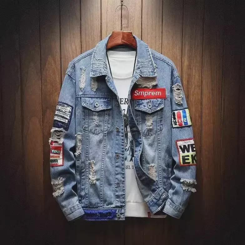 Pánská trendy evropská streetwearová volná džínová bunda s distressed designem na jaro a podzim