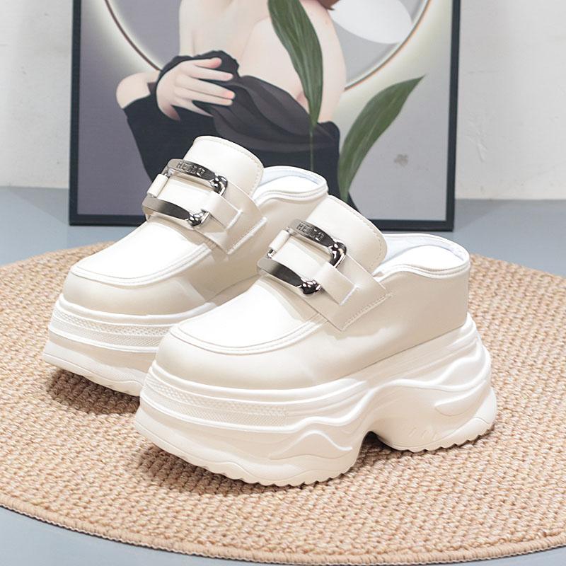 Fashion 12CM Leather Platform Wedge Slippers Round Toe Breathable Slip On Pumps Synthetic Mary Jane Flats Fashion Shoes