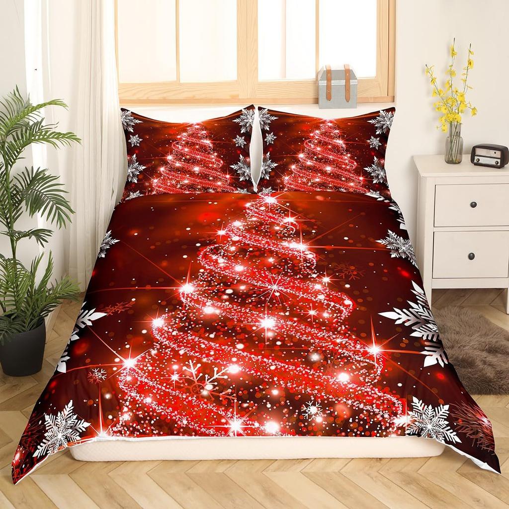 Red Three-Piece Quilt Cover Digital Printing Bedding Set Christmas Elk Snowflake Bed Cover