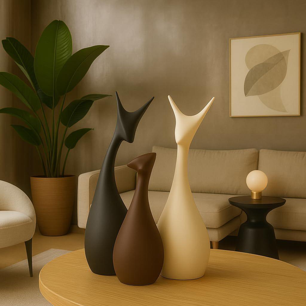 Hjemmedekor Lykkebringende Hjortefamilie Matt Finish Keramikkfigurer - (Sett med 3, Matt brun)