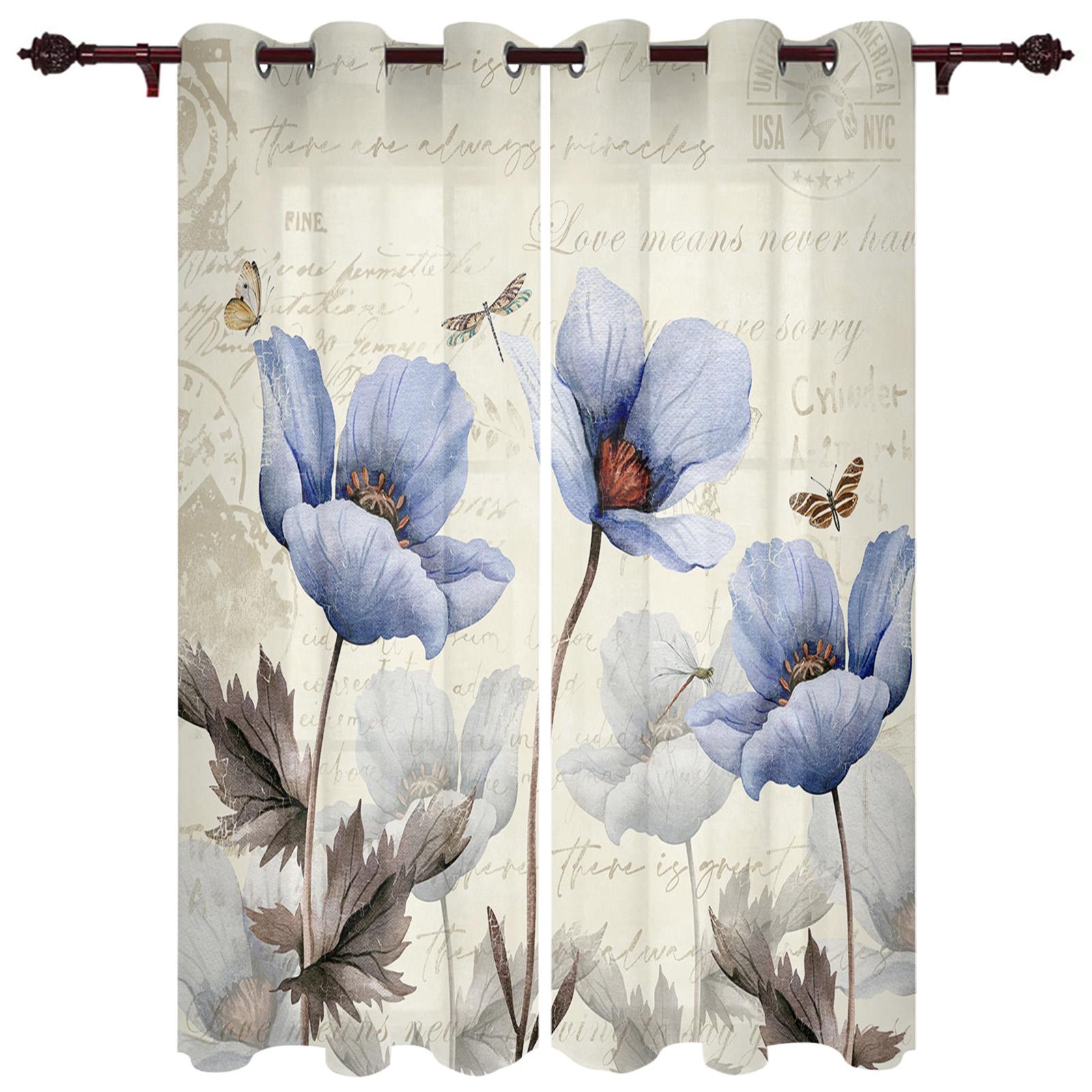 Винтажная занавеска на окно с цветком тюльпана и бабочкой — фото 11