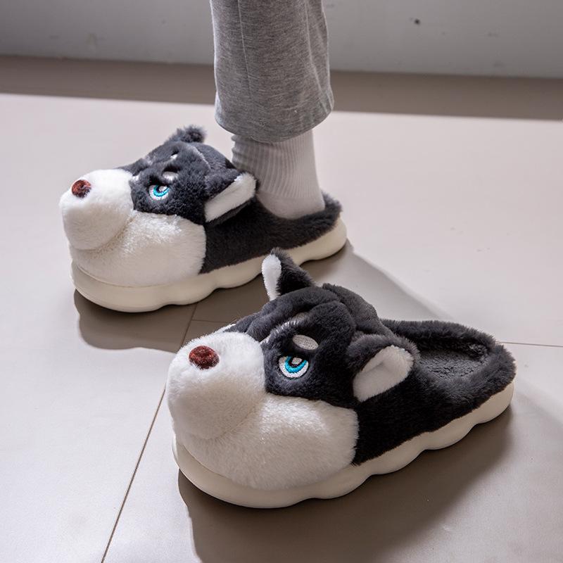 Men's Winter Cartoon Husky Cotton Slippers - Indoor Warm Plush Furry Heel for Couples
