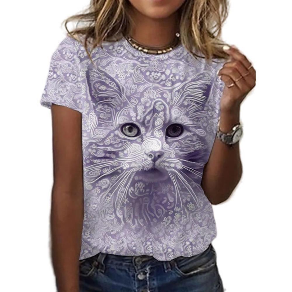 Summer fashion versatile cat animal 3D printed women's round neck short sleeved T-shirt