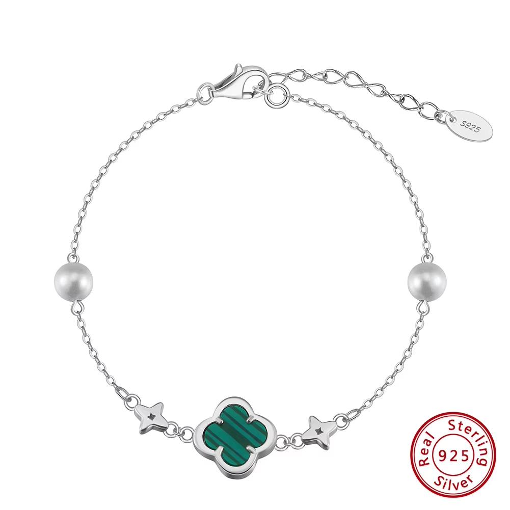 ORSA JEWELS 925 Silver Green Malachite Four-Leaf Clover Bracelet O-Chain With Shell Pearl Symbol Of Riches & Luck GMB69