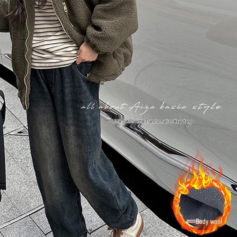 Sun Xiaomei Korean Girls Fleece-Lined Winter Jeans 150 cm