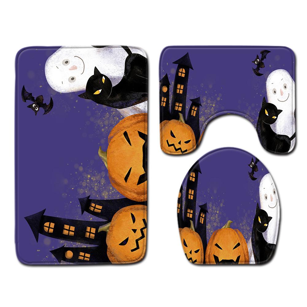 Halloween Duschvorhang Bodenmatte Kombination Vierteilige Haushalts-Fußmatte Schlafzimmer Rutschfester Teppich