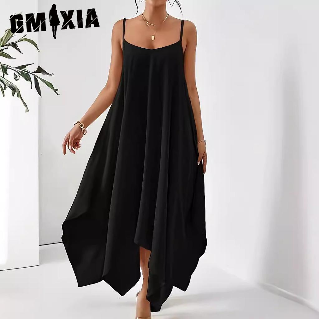 GMXIA Women's Fashion Summer Spring Solid Color Print Sleeveless V-Neck One Shoulder Casual Dresses