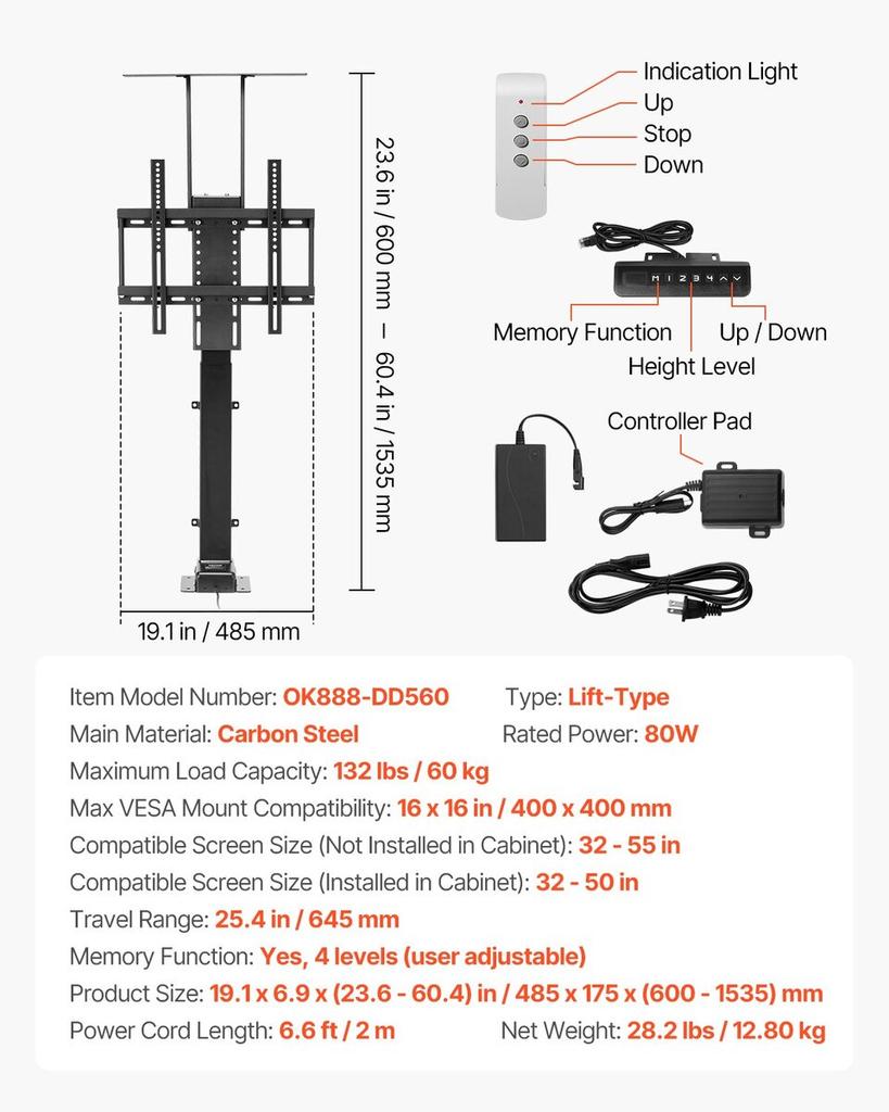 Motorized TV Lift Stand Mount Bracket 132 Lbs Load with Remote Control