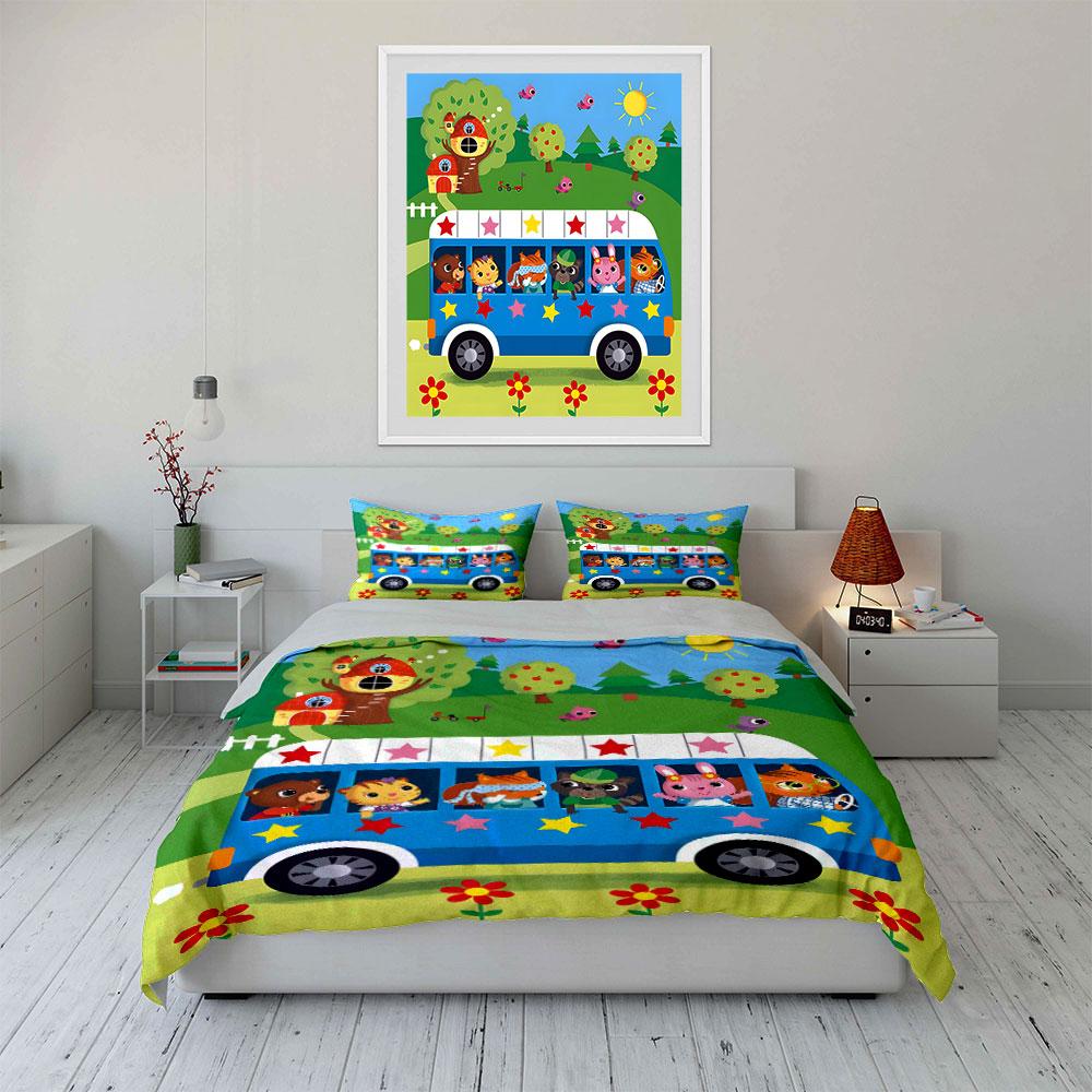 Cute Animal Bus Ride Pattern Bedding Duvet Cover Set (1*Duvet Cover 2*Pillowcases, Without Duvet Insert)